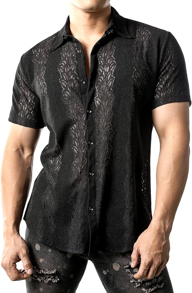 JOGAL Mens Floral Lace Shirt See through Casual Button Down Shirts