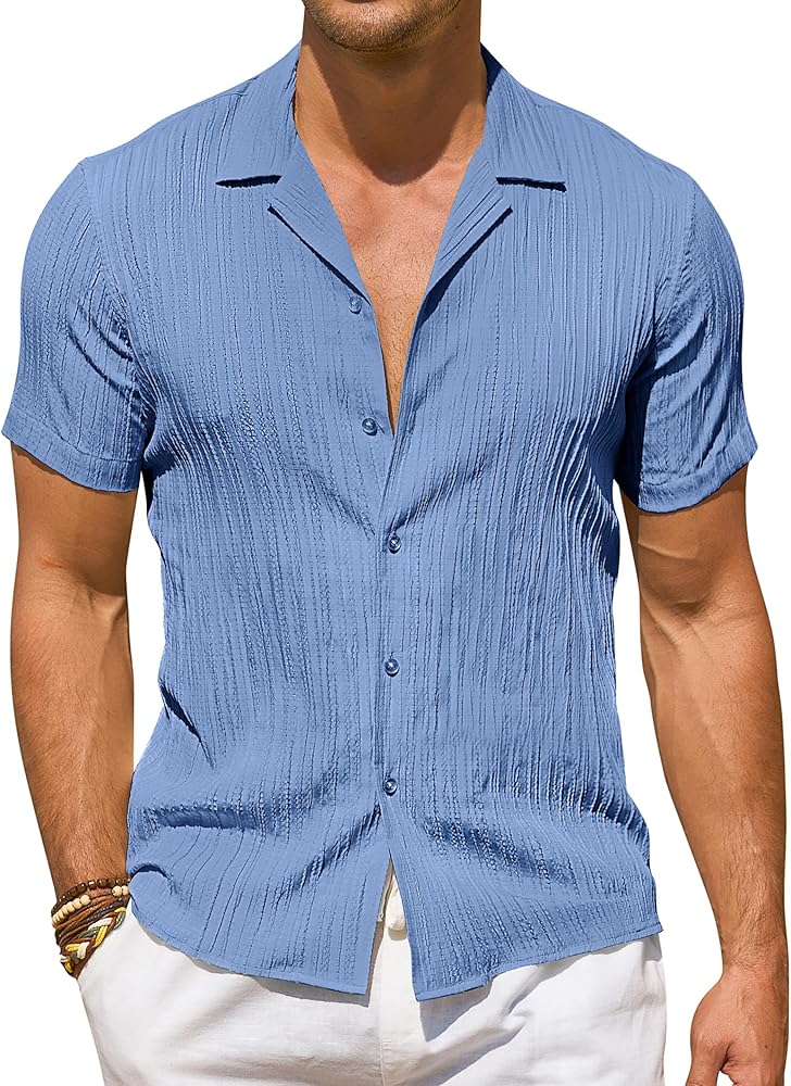 DEMEANOR Linen Shirts for Men Short Sleeve Mens Linen Shirt Textured Button Down Shirt Men Hawaiian Shirt for Men Beach