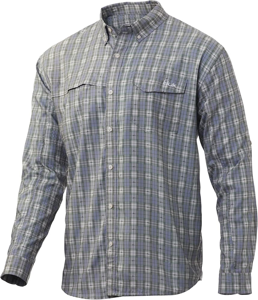 HUK Men's Tide Point Fish Plaid Woven Button Down Long Sleeve Shirt