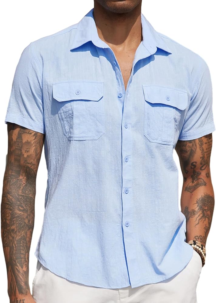 COOFANDY Men's Cotton Linen Short Sleeve Shirts Casual Button Down Shirt Beach Summer Tops with 2 Pockets