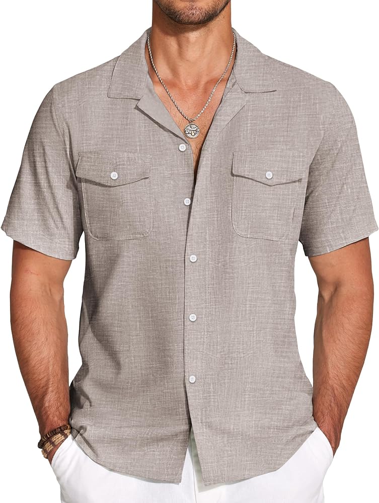 COOFANDY Men's Linen Short Sleeve Button Down Shirt Casual Cuban Collar Summer Beach Shirts Vacation Essentials