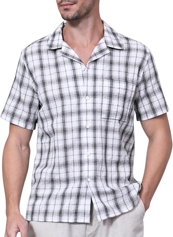 Mens Plaid Short Sleeve Button Down Shirts for Men Cuban Dress Shirts Short Sleeves Casual Summer Pockets