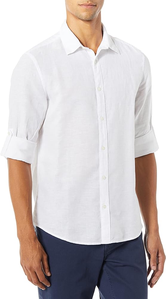 Perry Ellis Men's Slim Fit Roll Sleeve Solid Linen Cotton Button-Down Shirt (Size Small-Xx-Large)