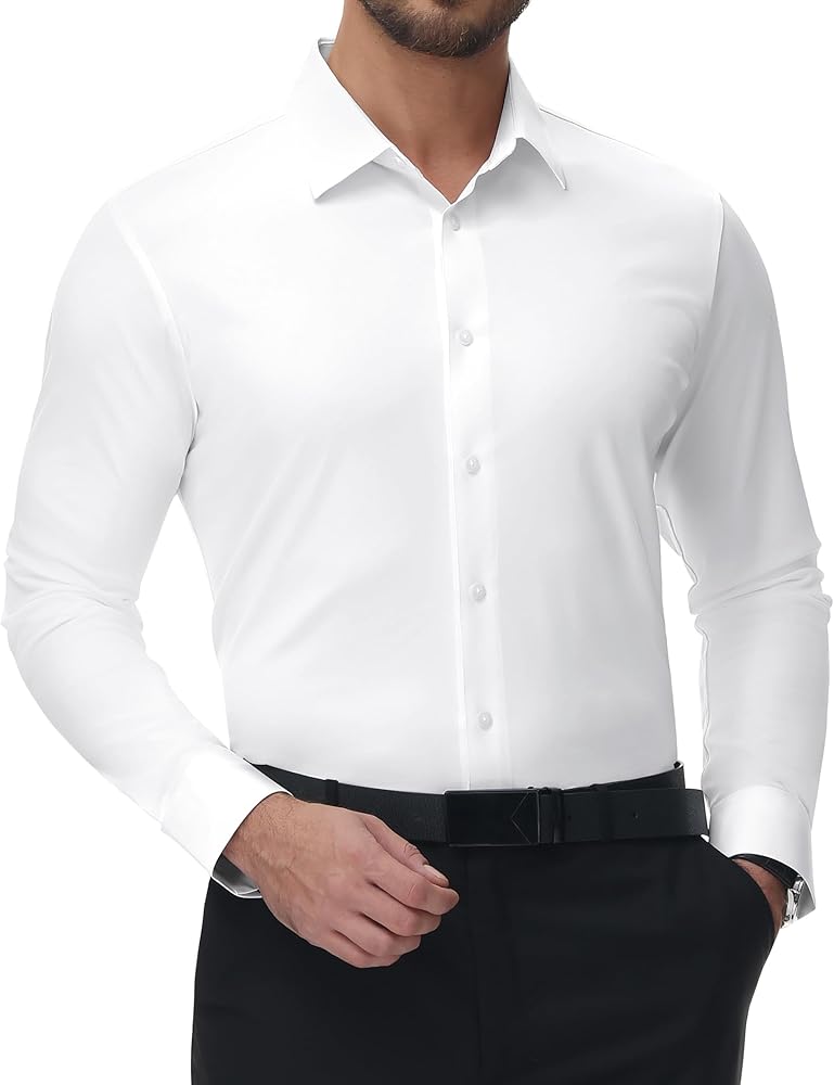 Men's 4-Way Stretch Dress Shirts Long Sleeve Wrinkle Free Slim Fit Business Casual Button Down Shirts for Men