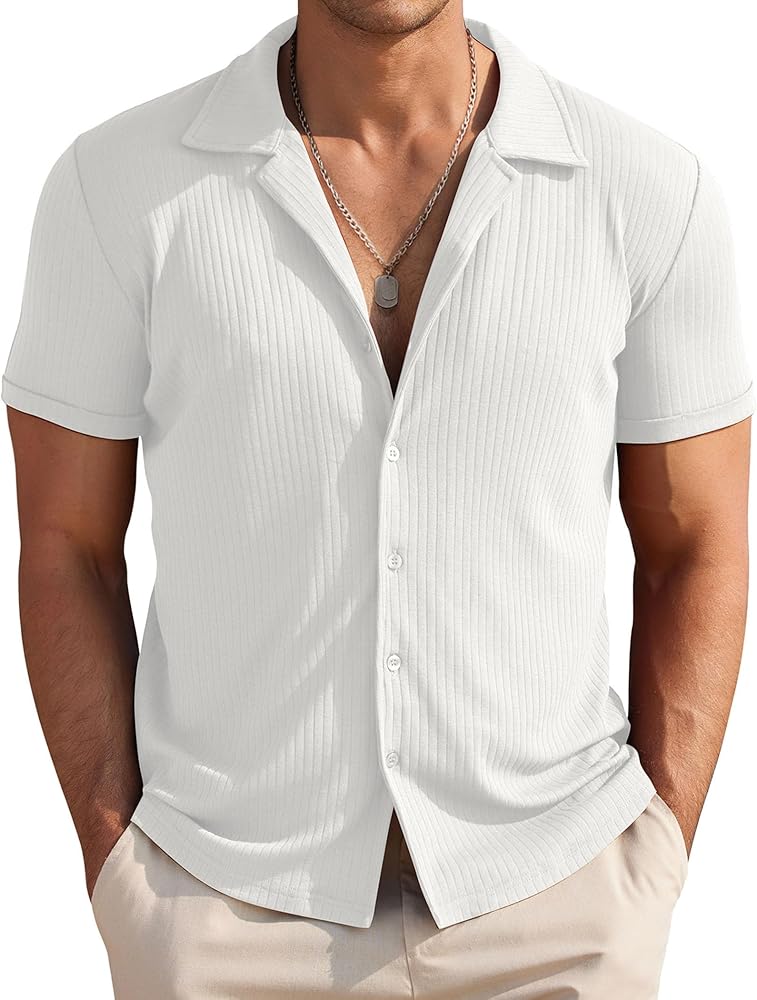 COOFANDY Mens Knit Button Down Shirt Short Sleeve Button Up Shirt Summer Casual Beach Tops