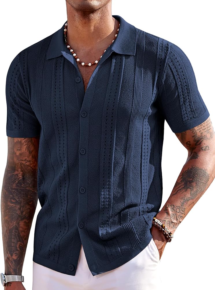 COOFANDY Men's Knit Shirts Short Sleeve Button Down Polo Shirt Fashion Casual Summer Beach Shirts