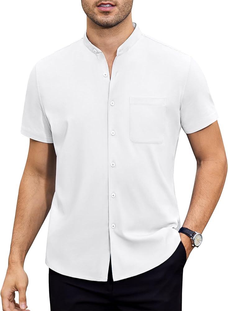 DEMEANOR Mens Banded Collar Dress Shirts Short Sleeve Stretch Collarless Dress Shirts for Men Casual Button Down Shirts