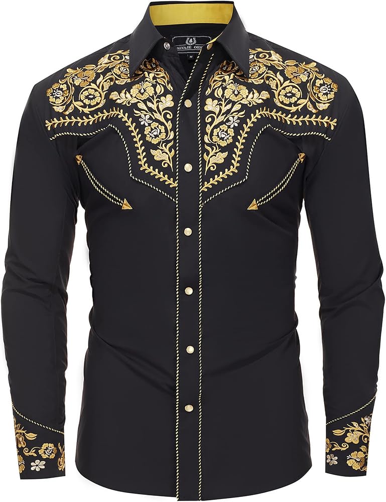 Western Embroidered Cowboy Shirts for Men, Casual Button Down Long Sleeve Shirt Floral Design Retro Shirt