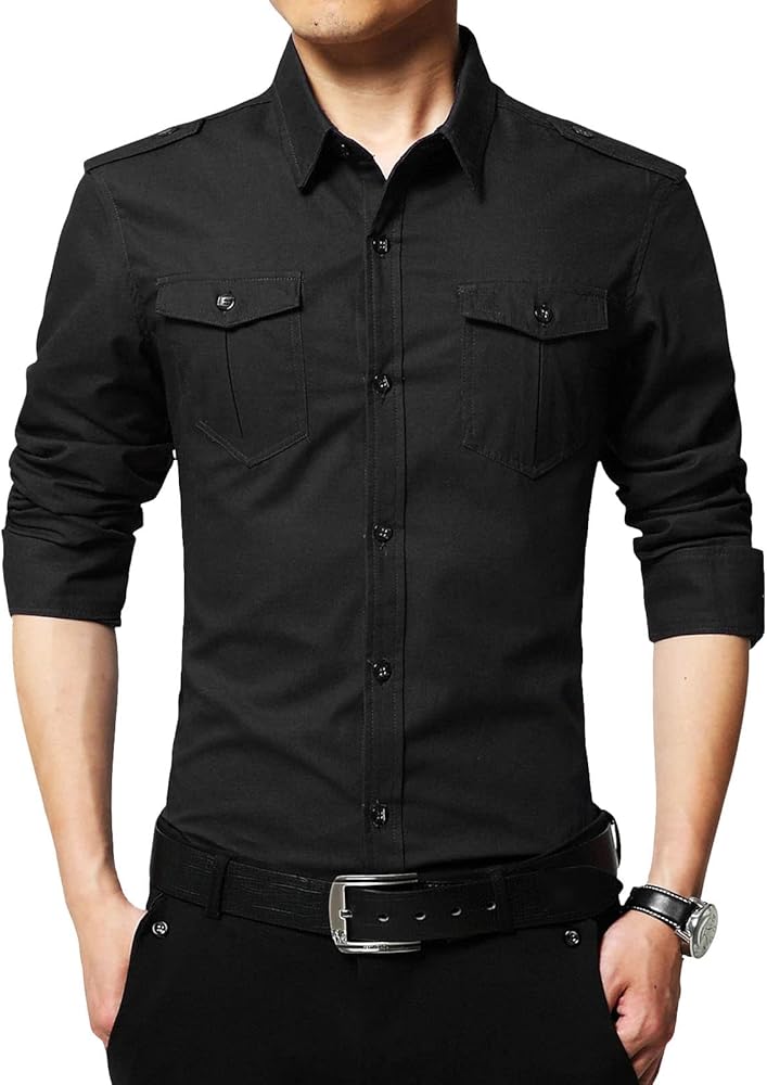 Men's Military Style Double Pocket Shirt Tactical Cargo Casual Slim Fit Shirt Work Shirt Hiking Fishing Shirts