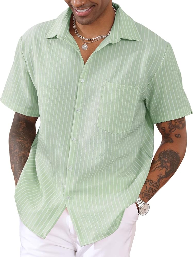 Men's Casual Linen Shirts Button Down Short Sleeve Striped Beach Shirts