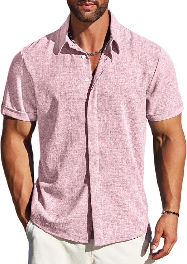 Men's Linen Shirts Short Sleeve Button Down Casual Shirt Business Dress Clothing Beach Fashion Summer Tops