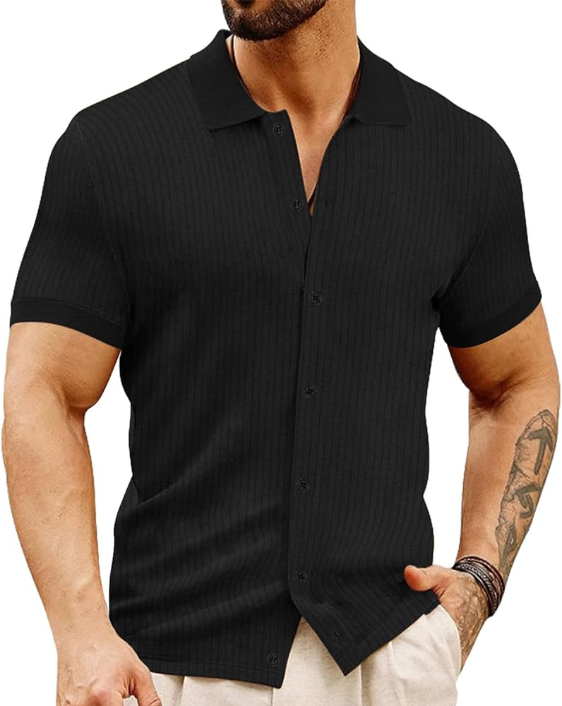 Men's Slim Fit Polo Shirts Short Sleeve Breathable Button Down Golf Shirts Ribbed Knit Soft Cotton Tops