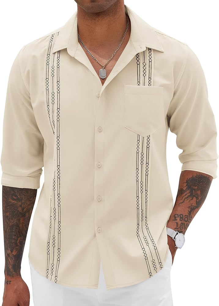 COOFANDY Men's Cuban Guayabera Shirts Casual Button Down Long Sleeve Summer Beach Shirt