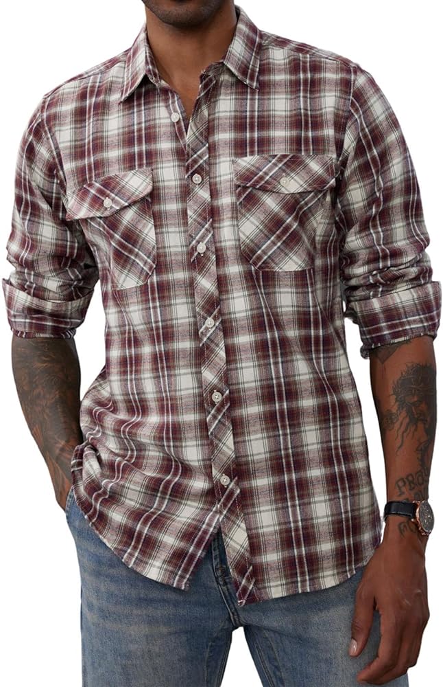 PJ PAUL JONES Mens Flannel Plaid Shirt Casual Long Sleeve Button Down Shirts with Pockets