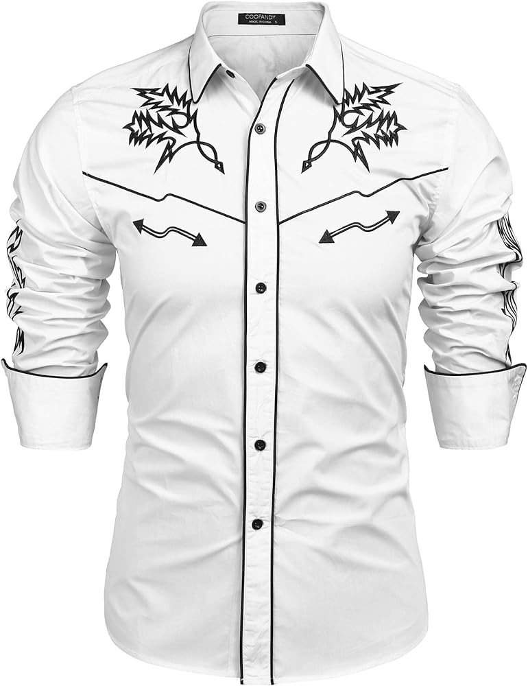 COOFANDY Men's Western Cowboy Shirt Embroidered Long Sleeve Cotton Casual Button Down Shirt