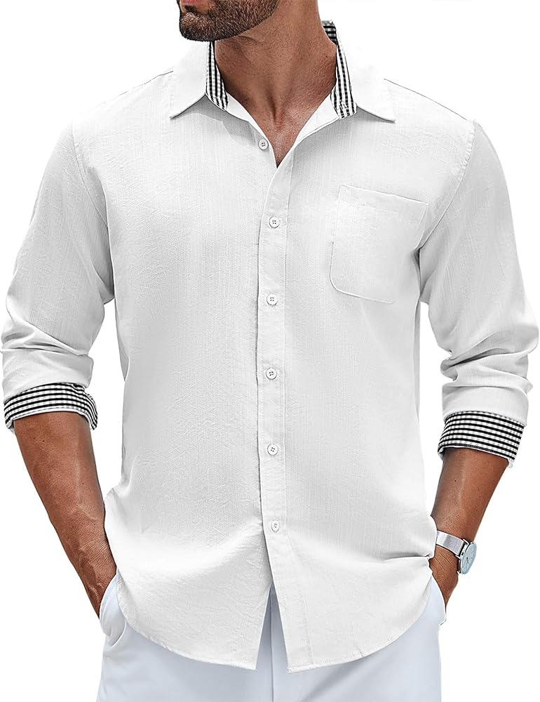 COOFANDY Men's Linen Button Down Shirt Long Sleeve Casual Beach Shirts with Pocket