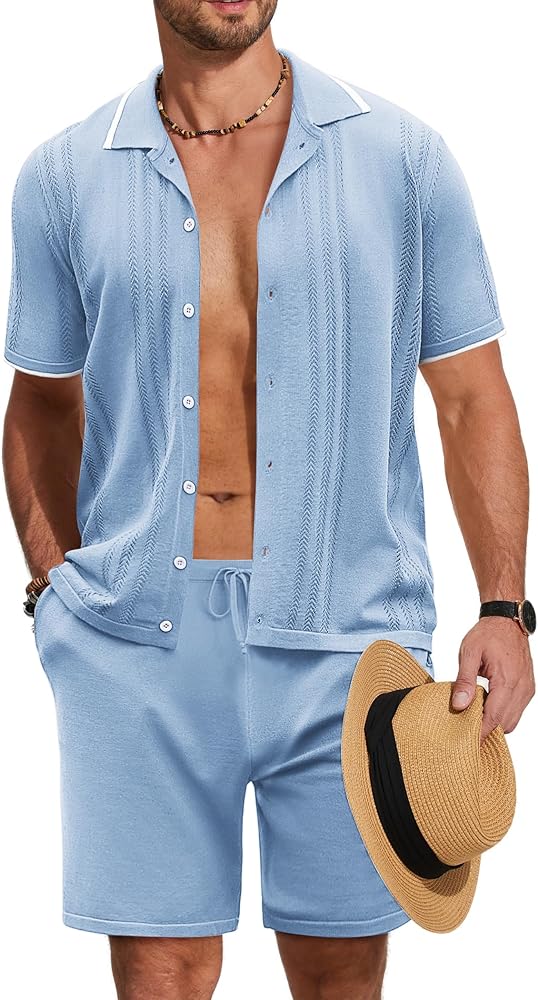 COOFANDY Men's Knit Polo Shirt Set Breathable Hollow Out Casual Button Down Shirts and Shorts