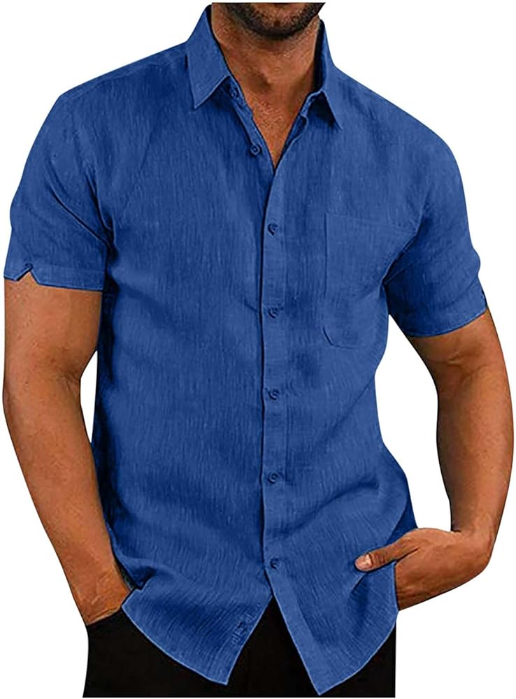 Mens Button Down Short Sleeve Shirts Summer Business Casual T Shirts Cotton Hawaiian Beach Tops Holiday Vacation Clothes