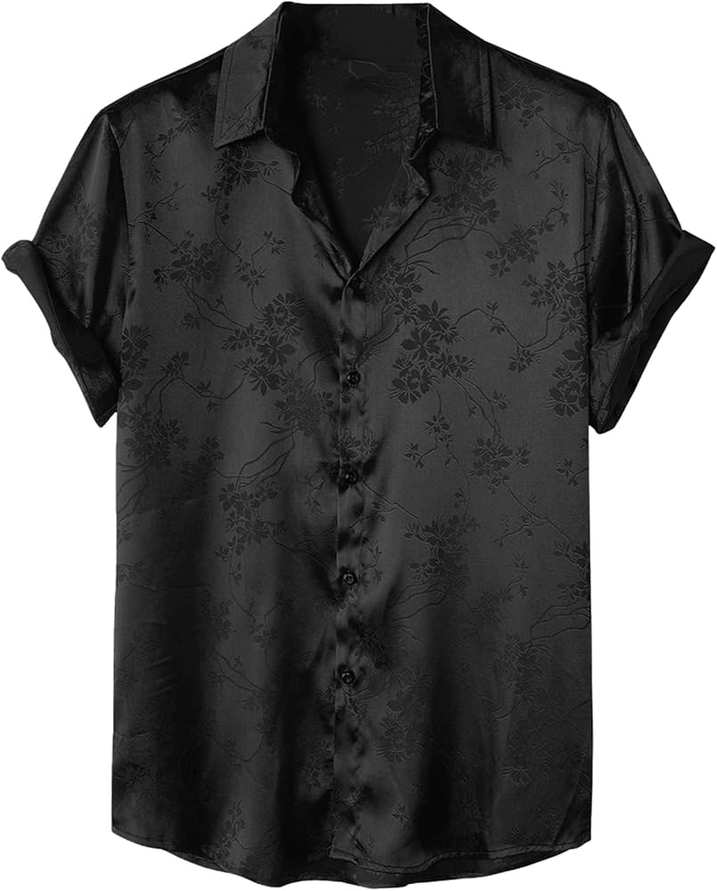 OYOANGLE Men's Satin Floral Print Button Down Front Lapel Collar Solid Short Sleeve Shirt