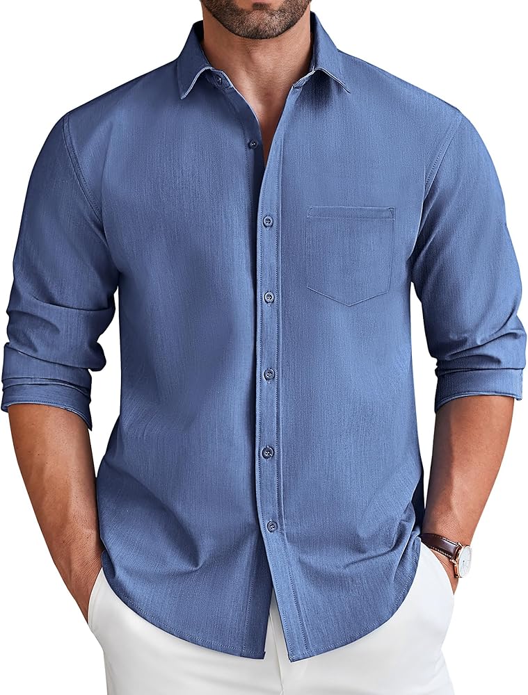 COOFANDY Men's Long Sleeve Button Down Shirt Wrinkle Free Untucked Dress Shirt Casual Denim Shirt