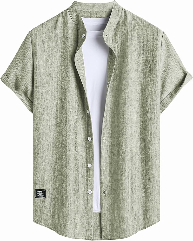 ZAFUL Mens Button Down Solid Color Shirts Short Sleeves Textured Linen Casual Shirt Summer Beach Tops