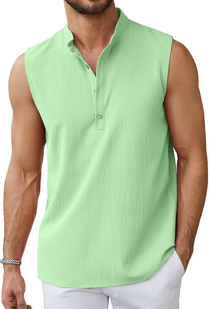 Sleeveless Beach Shirts for Men Summer Casual Tank Top Button Down Henley T-Shirts