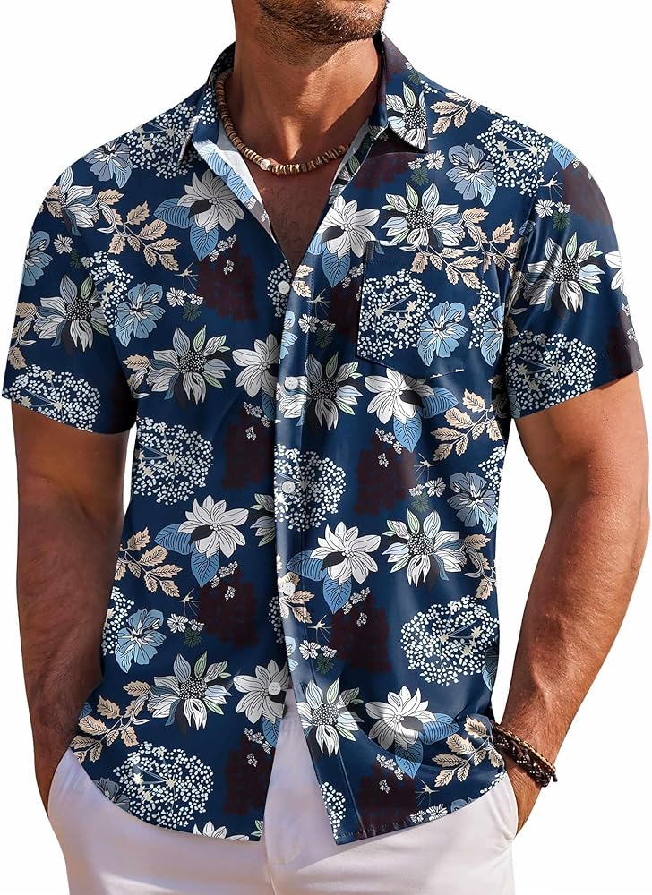 COOFANDY Men's Hawaiian Shirt Short Sleeve Floral Button Down Shirts Tropical Holiday Beach Shirts