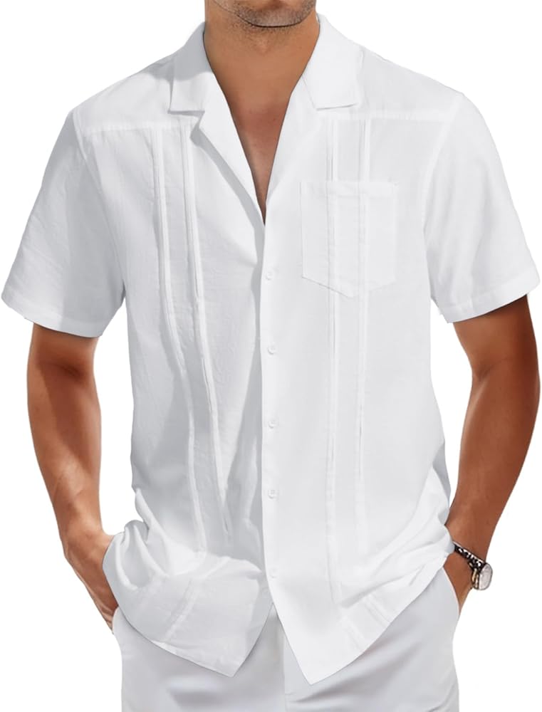 Men's Casual Summer Short Sleeve Cuban Guayabera Shirts Button Down Linen Shirts for Men Cotton Beach Tops with Pocket