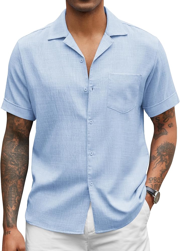 COOFANDY Mens Casual Short Sleeve Button Down Shirts Cuban Linen Textured Shirt Summer Beach Wear