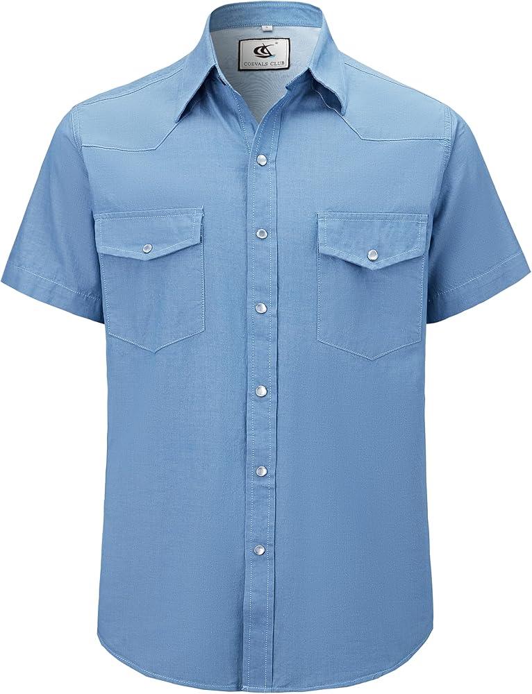 COEVALS CLUB Men's Denim Western Cowboy Pearl Snap Casual Button Down Up Dress Short Sleeve Soild Work Shirts