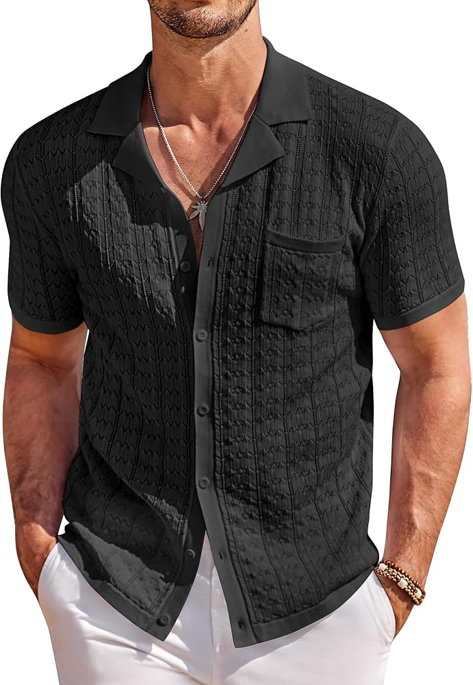 COOFANDY Men's Knit Button Down Shirt Short Sleeve Vintage Polo Shirts Summer Casual Beach Tops