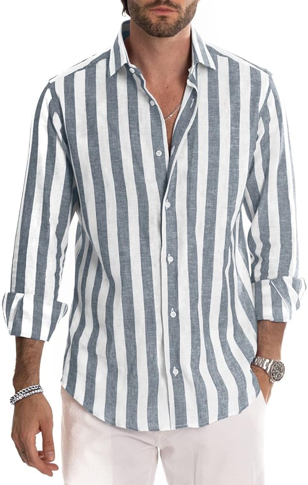 JMIERR Men's Cotton Shirts Casual Long Sleeve Button-Down Striped Dress Shirt