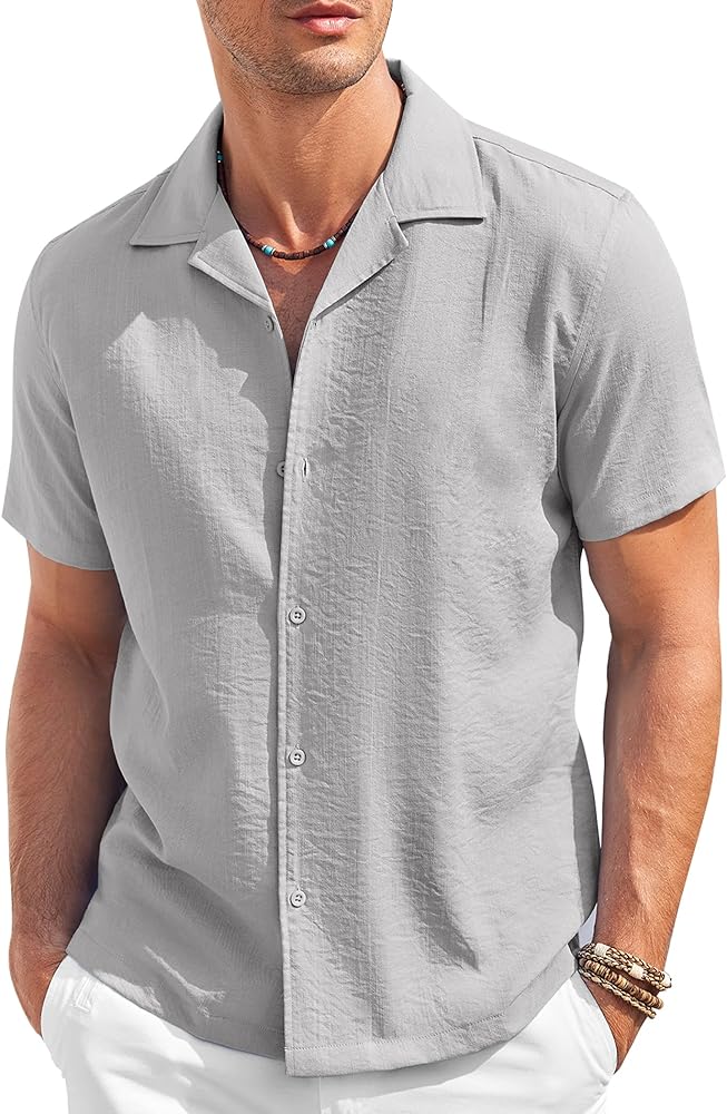 COOFANDY Men's Casual Button Down Shirt Short Sleeve Textured Summer Cuban Beach Shirts