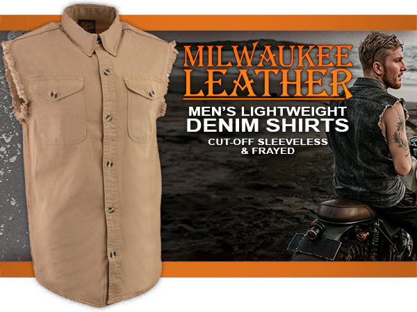 milwaukee leather mens cotton denim sleeveless shirt for bikers casual wear frayed cut off sleeves