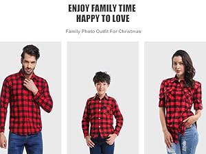 red black plaid shirt family photo matching outfit mother son father shirt