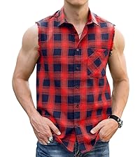 mens button shirts sleeveless plaid shirt for men