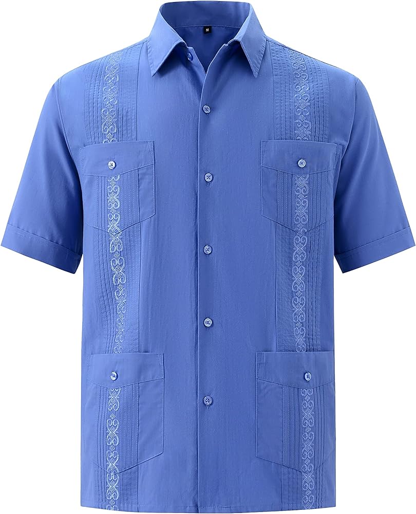 MAXJON Mens Short Sleeve Button-Down Guayabera Shirts for Men Cuban Embroidered Pleats Beach Shirts…