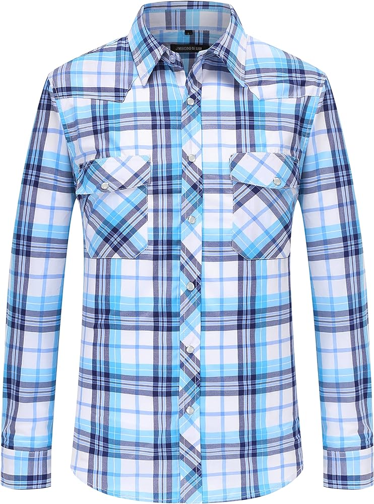 Western Shirts for Men - Men's Cowboy Pearl Snap Buttons Plaid Long Sleeve Lightweight 2 Pockets Casual Shirt