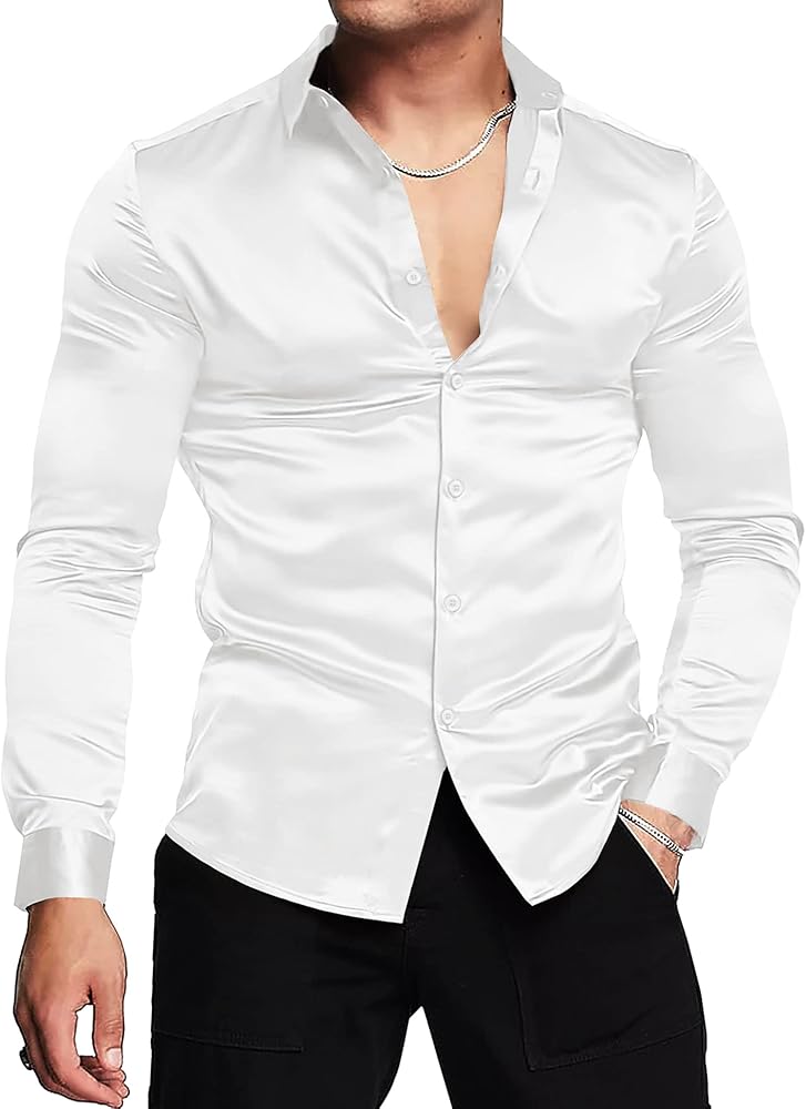 URRU Men's Luxury Shiny Silk Like Satin Dress Shirt Long Sleeve Casual Slim Fit Muscle Button Up Shirts