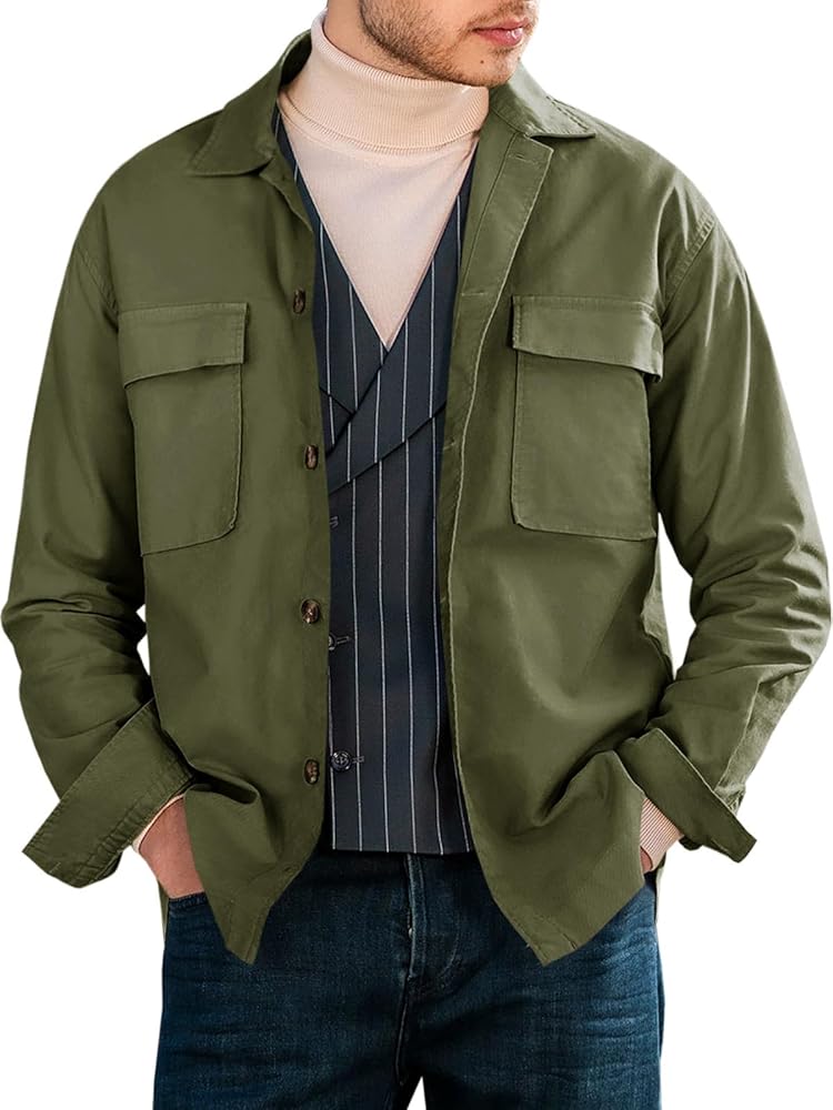 Runcati Mens Button Down Shirt Jacket Casual Cotton Military Shacket Lightweight Outdoor Cargo Jacket Coat