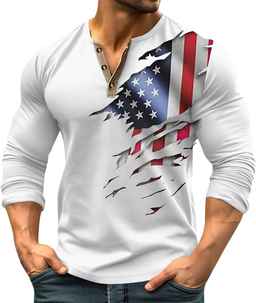 Men's Long Sleeve V Neck Casual Button-Down Shirts Military Tactical Retro Distressed American Flag Print Pullover