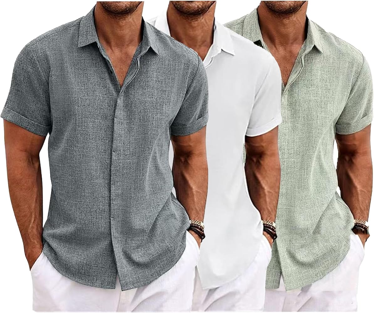 1/2/3 Pack Men's Cotton Linen Shirts Casual Short Sleeve Button Down Shirt Summer Beach Collar Dress Shirts