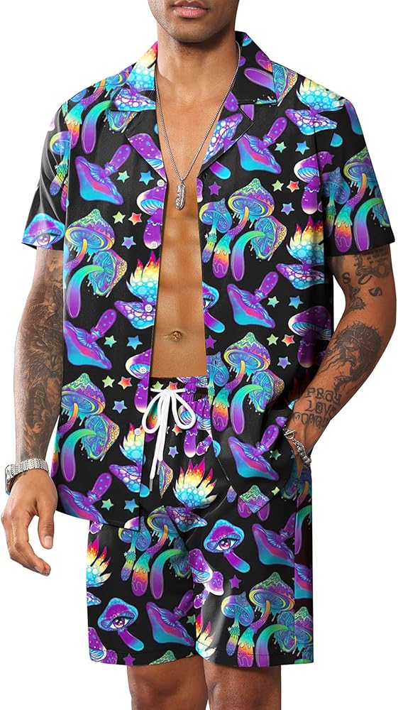 LecGee Men's Rave Outfits Hawaiian Shirts and Shorts Sets 2 Pieces Retro 80s 90s Outfit