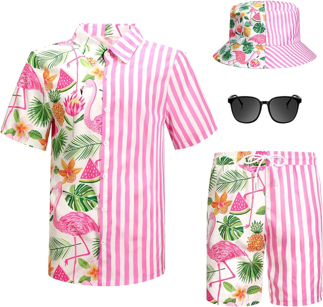 4 Pcs Men's Hawaiian Shirt and Short Set Flamingo Casual Button Down Summer Beach Outfit with Bucket Hat Sunglasses