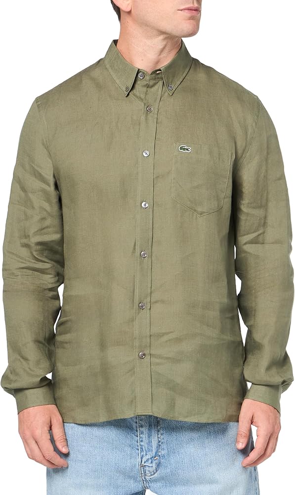 Lacoste Mens Long Sleeve Regular Fit Linen Casual Button Down Shirt With Front Pocket