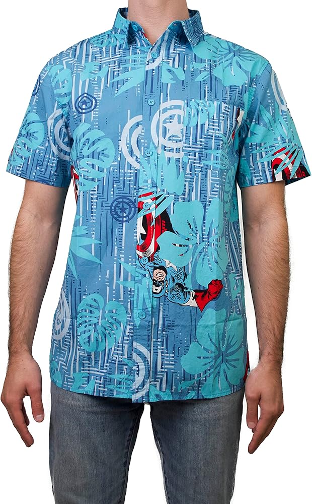 Marvel Men's Button Down Shirt, Blue/Aqua Cap Island, X-Large