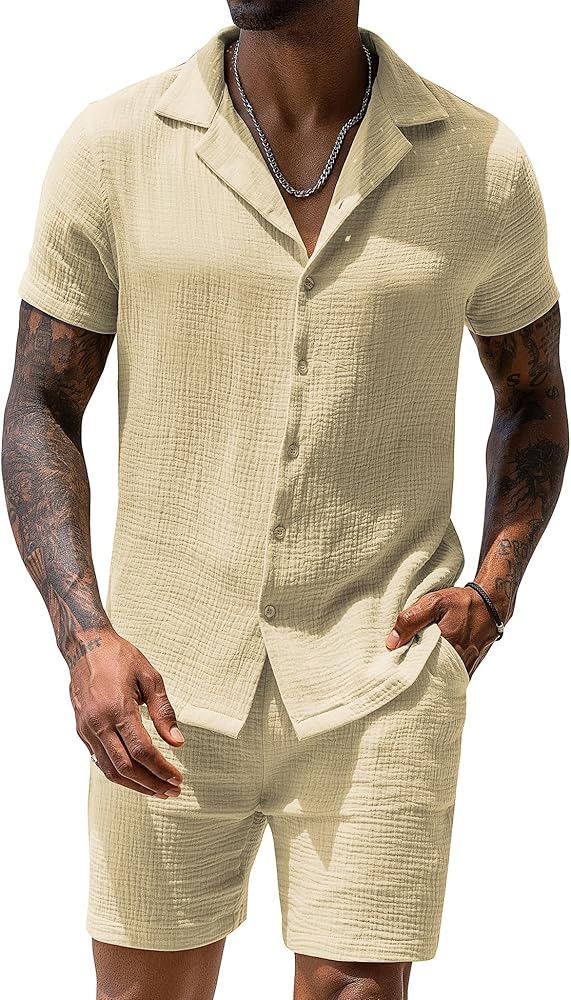 URRU Mens Linen Sets 2024 Summer Fashion Short Sleeve Shirt and Shorts Set Beach Tropical Vacation Outfits