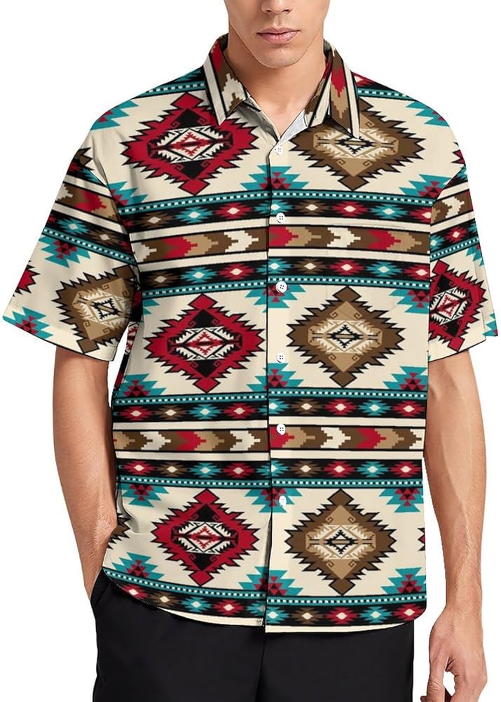 Mens Western Aztec Print Casual Short Sleeve Button Down Shirt