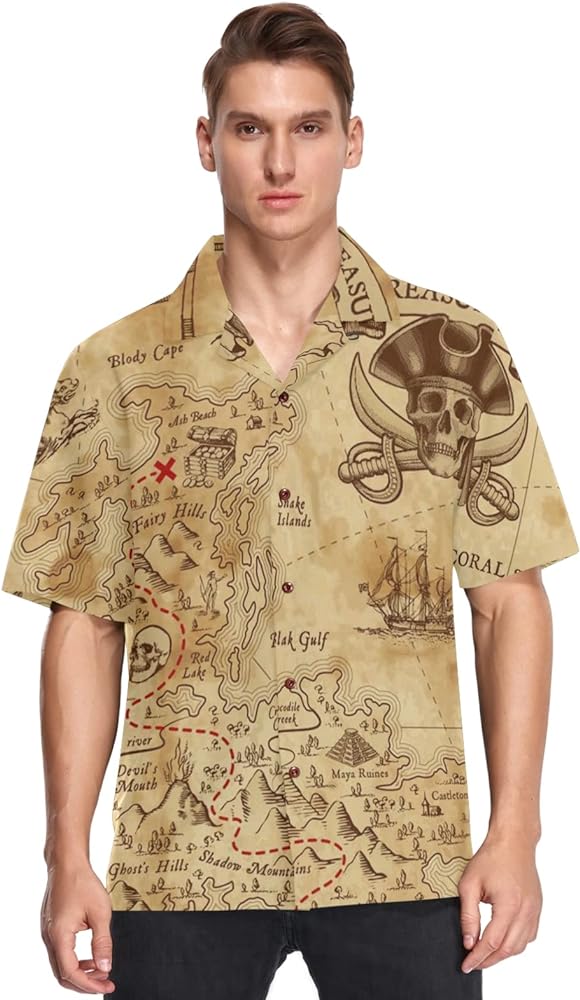 Men's Hawaiian Shirts Retro Antique Pirates Adventure Treasure Map Compass Short Sleeve Beach Shirt Button Down Summer Shirts