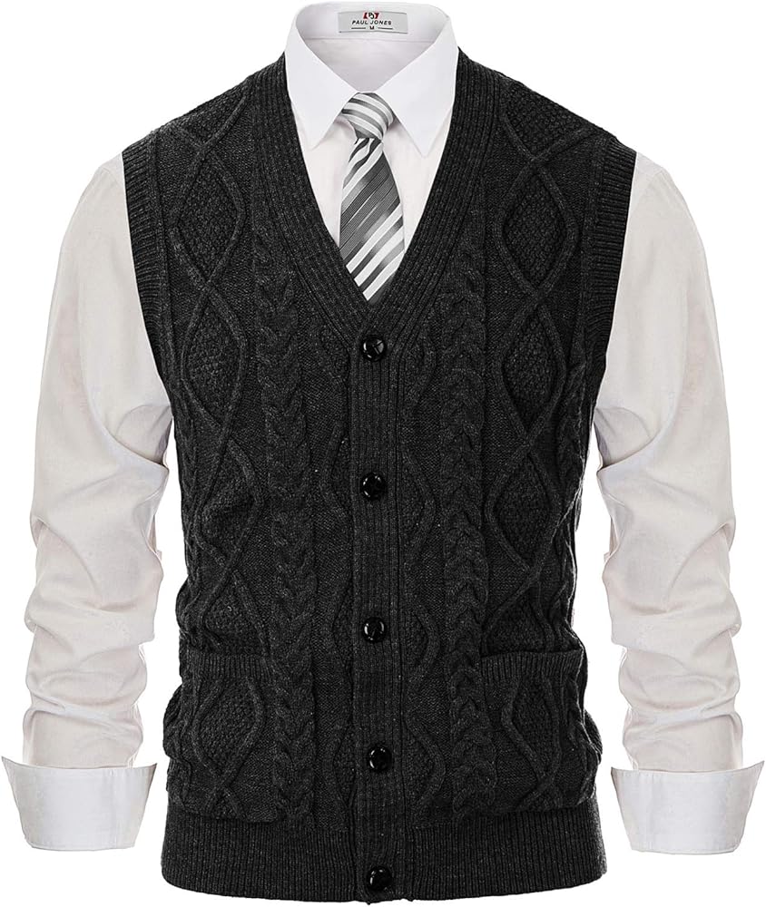 PJ PAUL JONES Men's Sweater Vest V-Neck Sleeveless Cable Knitted Cardigan Vest